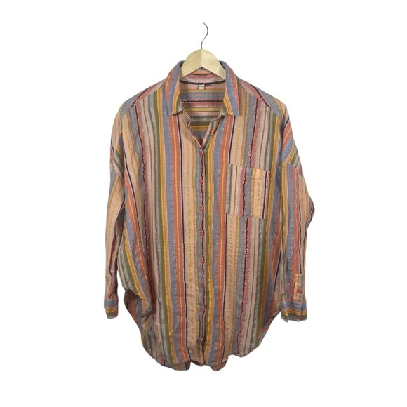 Anthropologie Pilcro Long-Sleeve Boyfriend Striped Shirt Rainbow Metallic L/XL - Picture 5 of 16